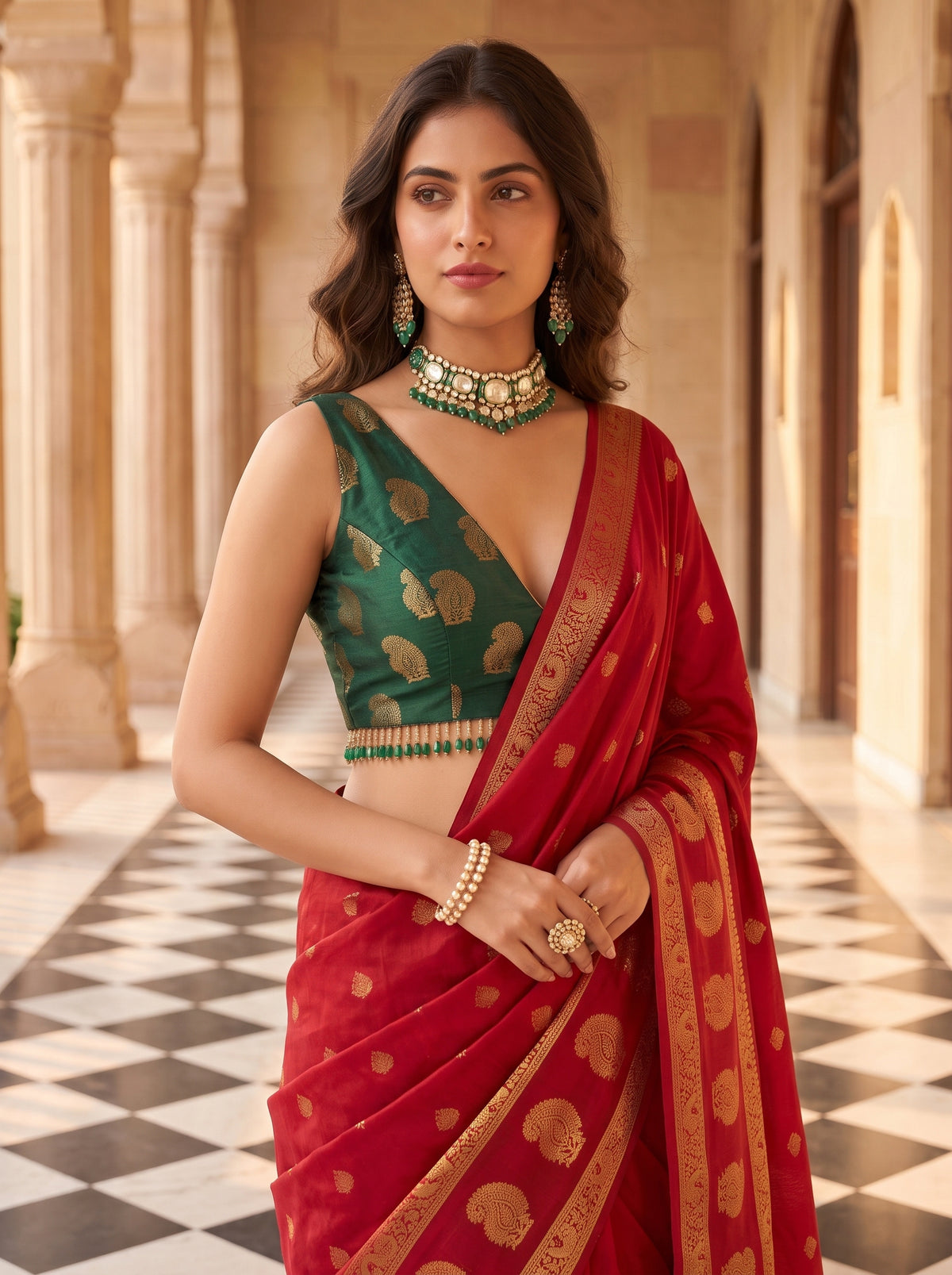 MIMOSA Red Saree Saree — pose 10 styling detail