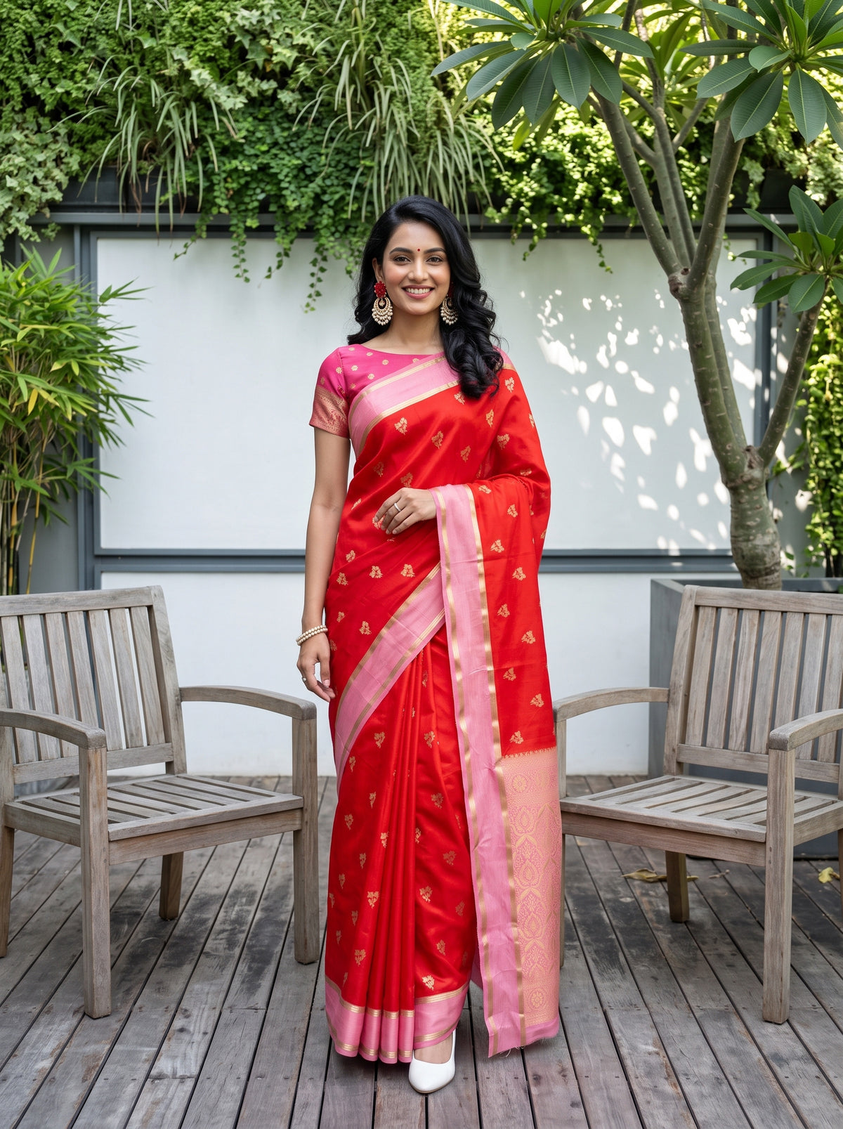 MIMOSA Orange Mysore Silk Saree — front view on mannequin