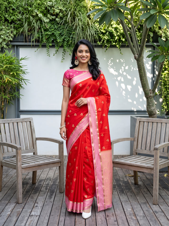 MIMOSA Orange Mysore Silk Saree — front view on mannequin