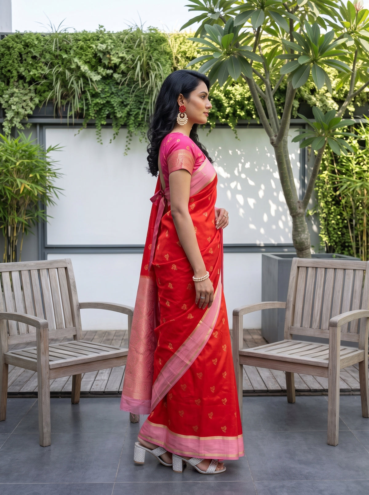 MIMOSA Orange Mysore Silk Saree — pose 3 styling detail