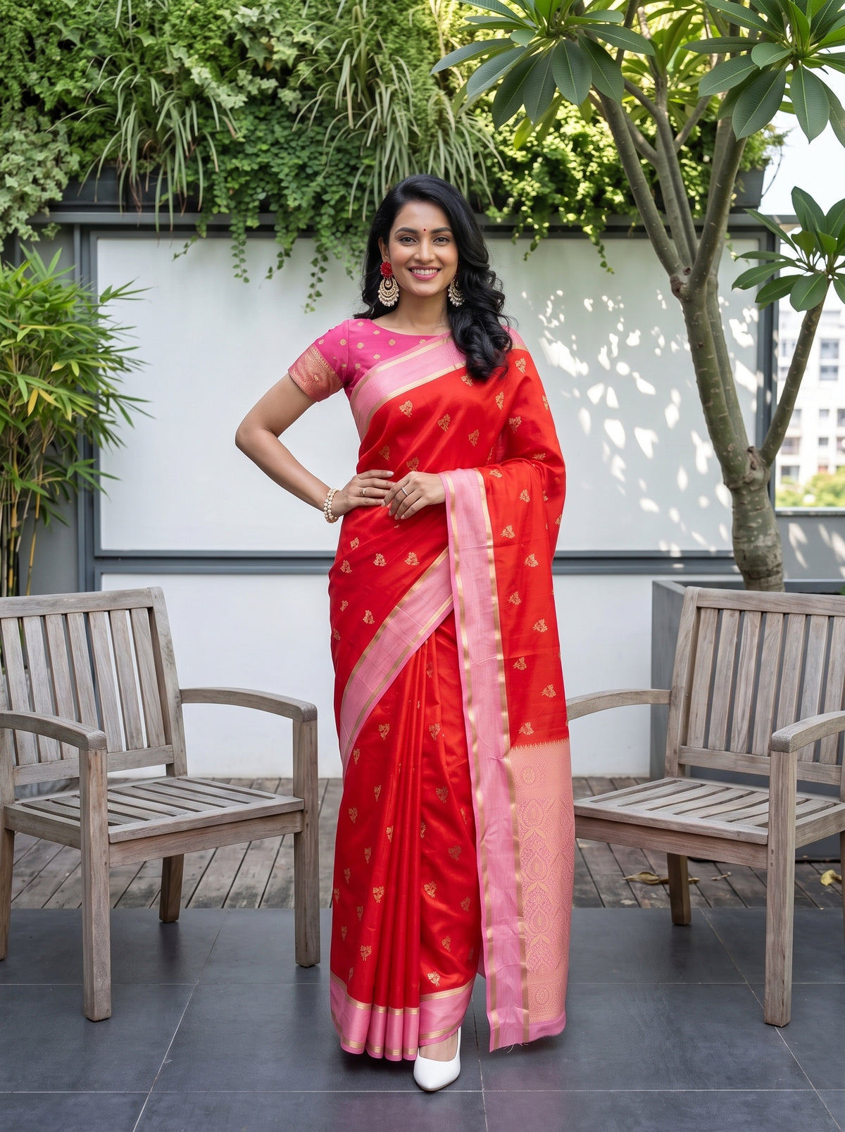 MIMOSA Orange Mysore Silk Saree — pose 4 styling detail