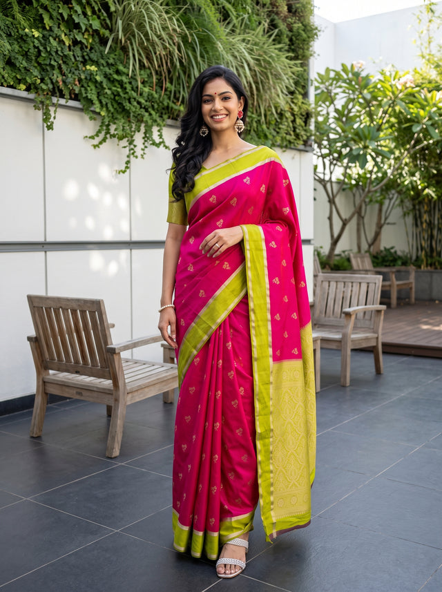 MIMOSA Rani Mysore Silk Saree — front view on mannequin