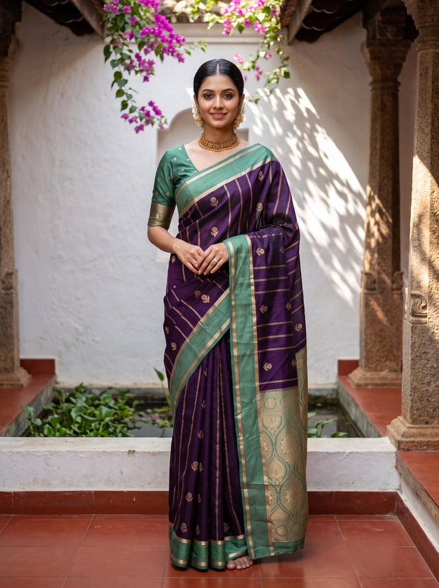 MIMOSA Jamun Mysore Silk Saree — front view on mannequin