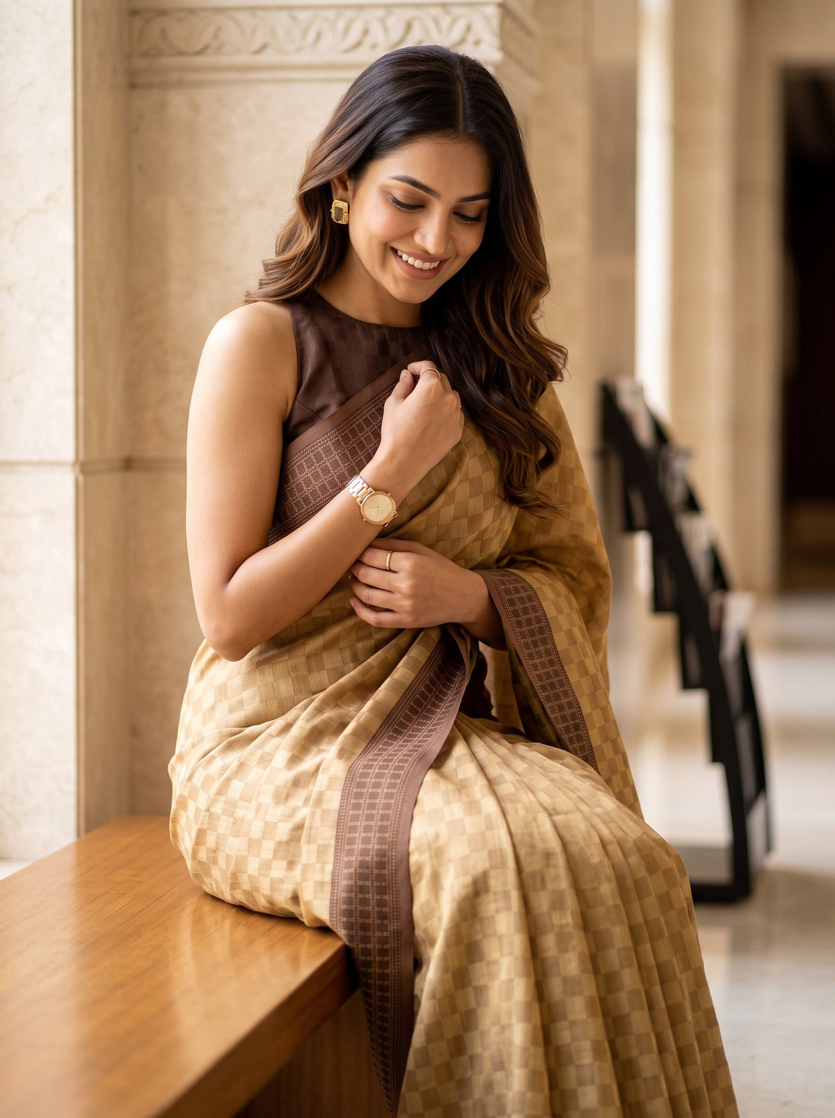 MIMOSA Chiku Bengaluru Saree — pose 10 styling detail