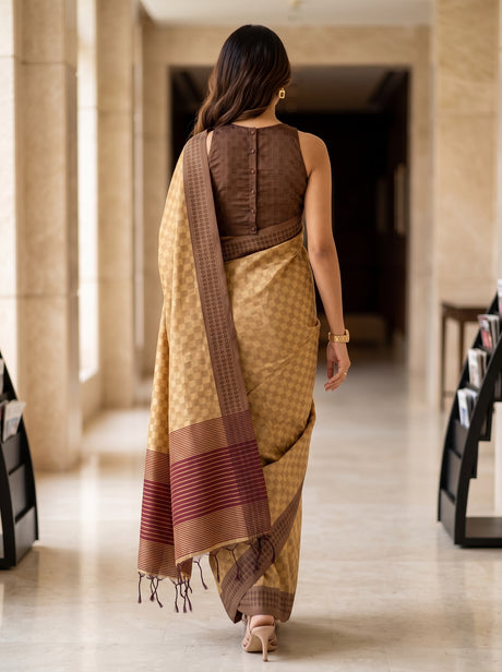 MIMOSA Chiku Bengaluru Saree — pose 2 styling detail