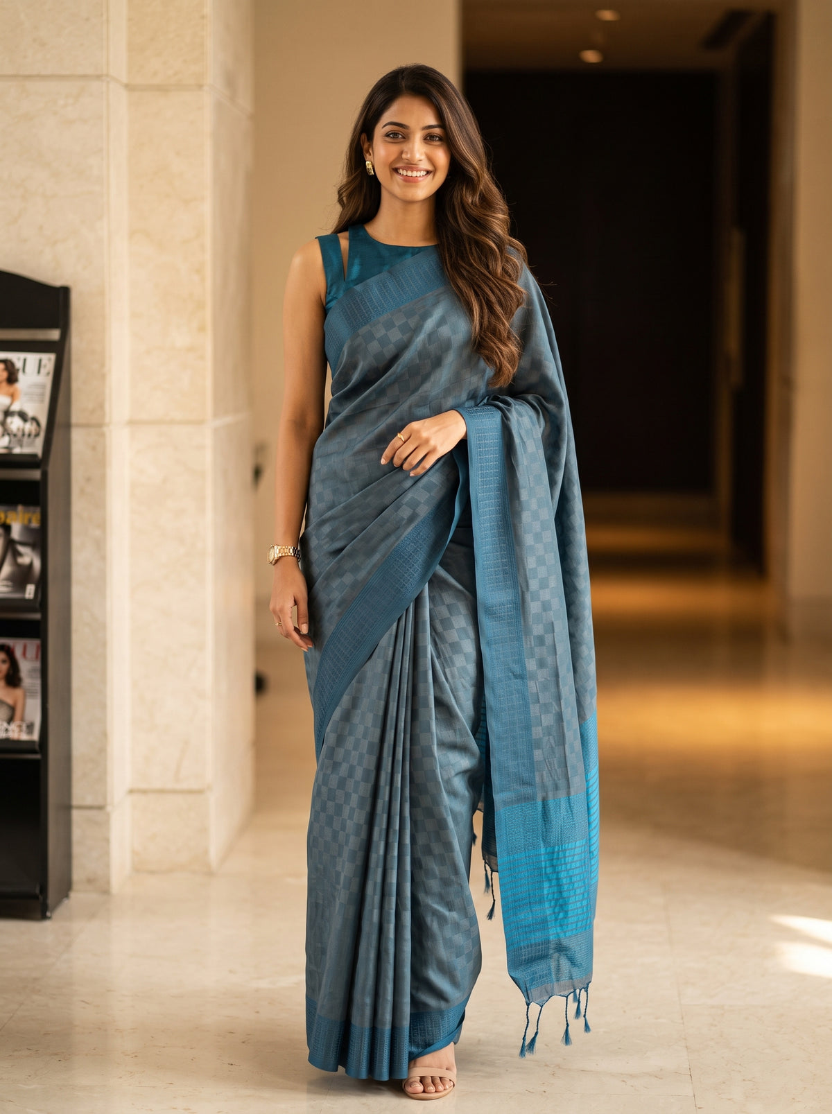 MIMOSA Grey Bengaluru Saree — front view on mannequin