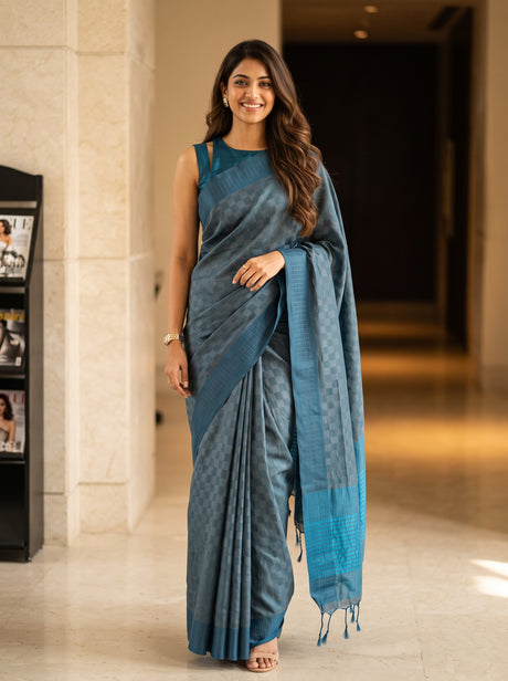 MIMOSA Grey Bengaluru Saree — front view on mannequin