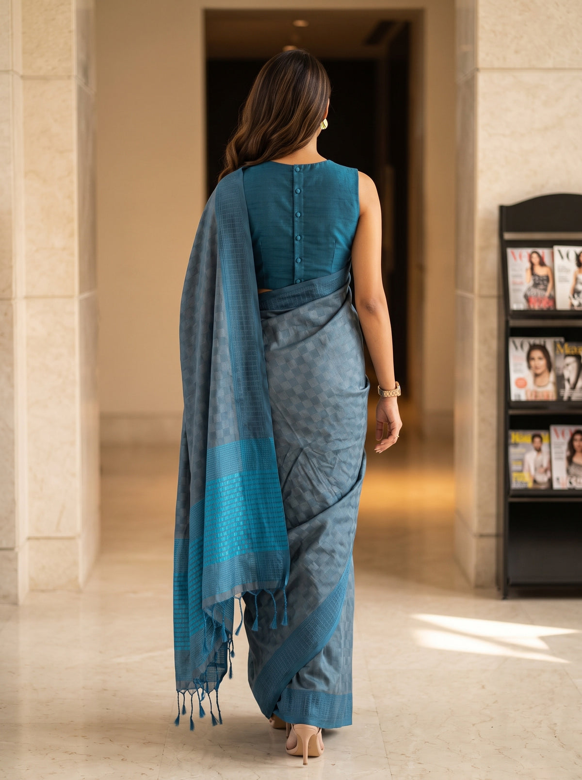 MIMOSA Grey Bengaluru Saree — pose 2 styling detail