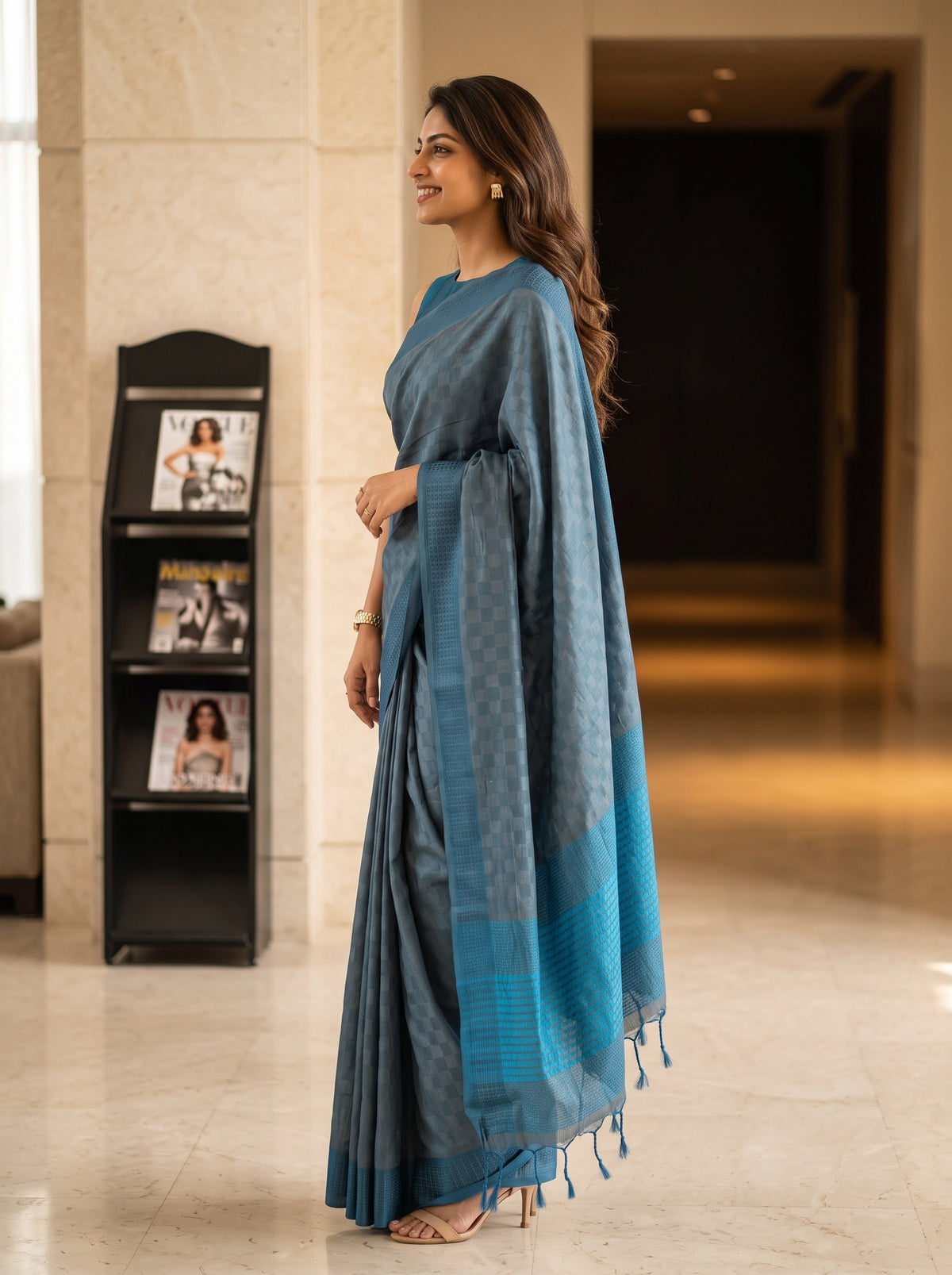 MIMOSA Grey Bengaluru Saree — pose 3 styling detail