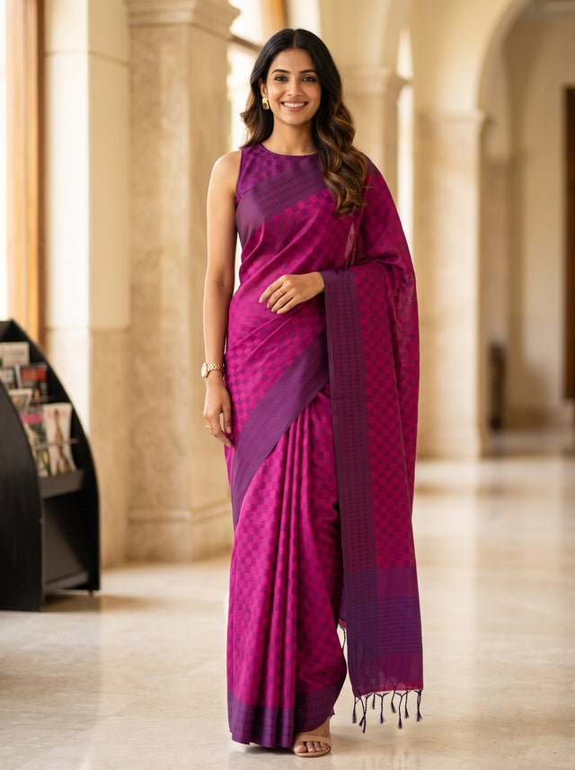 MIMOSA Magenta Bengaluru Saree — front view on mannequin