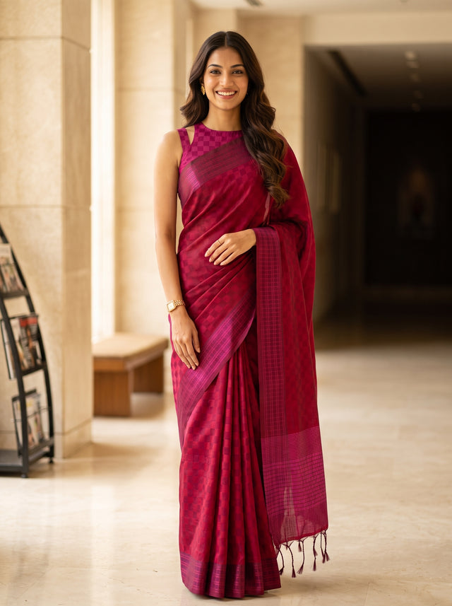 MIMOSA Maroon Bengaluru Saree — front view on mannequin