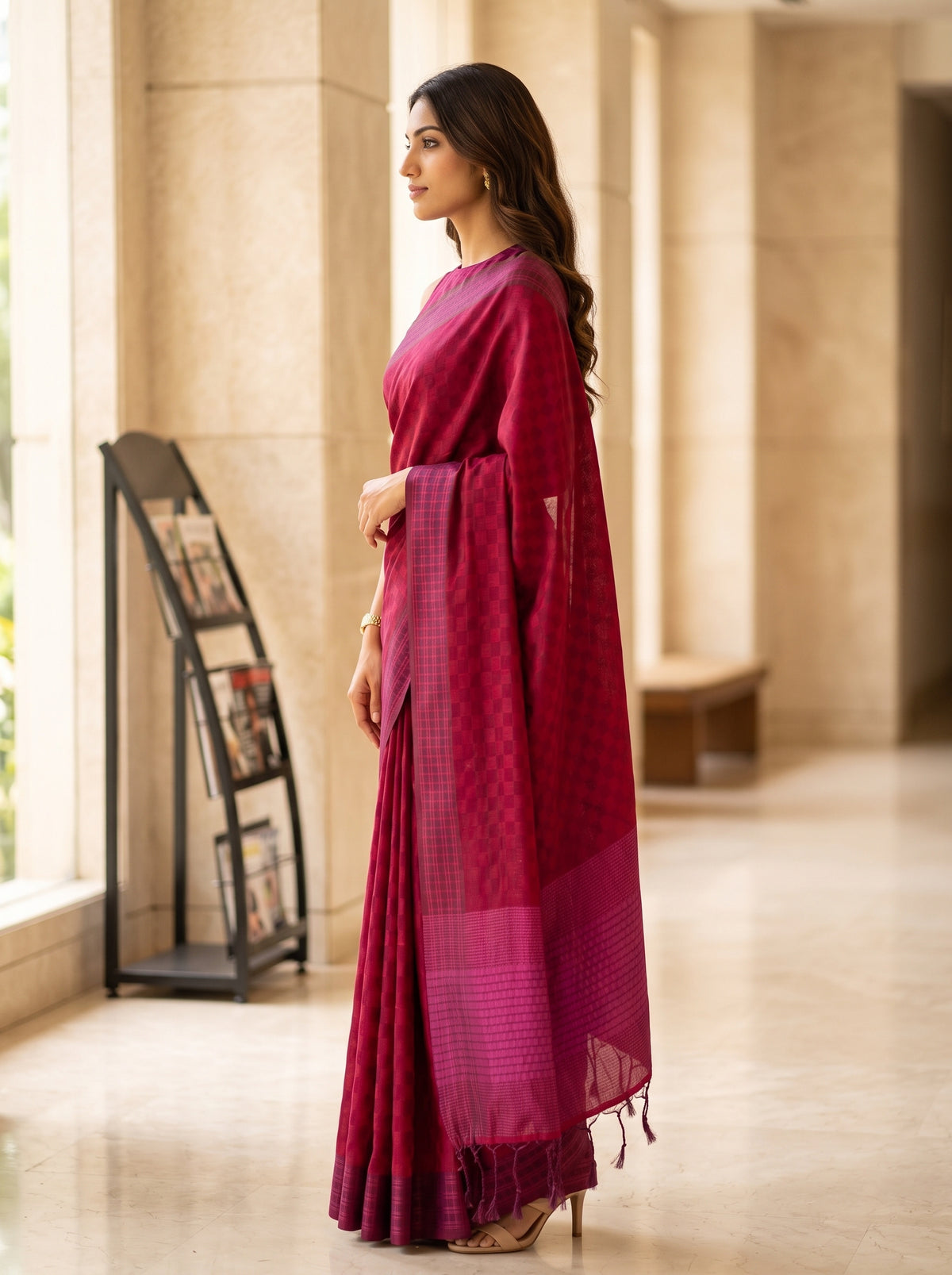 MIMOSA Maroon Bengaluru Saree — pose 3 styling detail