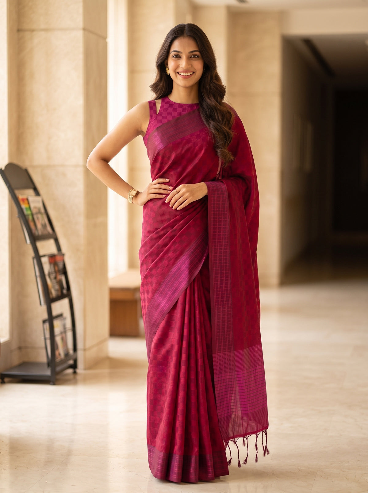 MIMOSA Maroon Bengaluru Saree — pose 4 styling detail