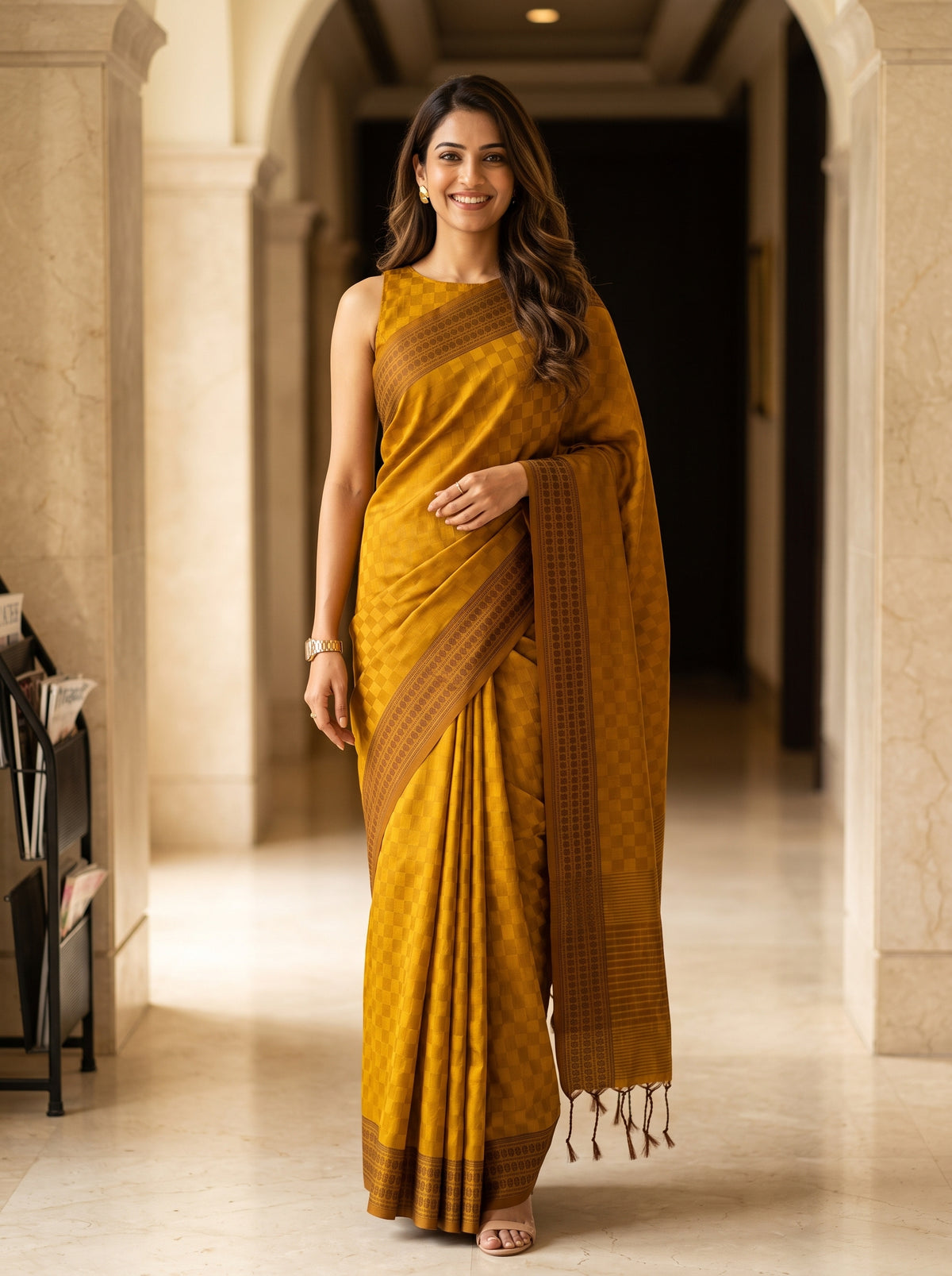 MIMOSA Mustard Bengaluru Saree — front view on mannequin