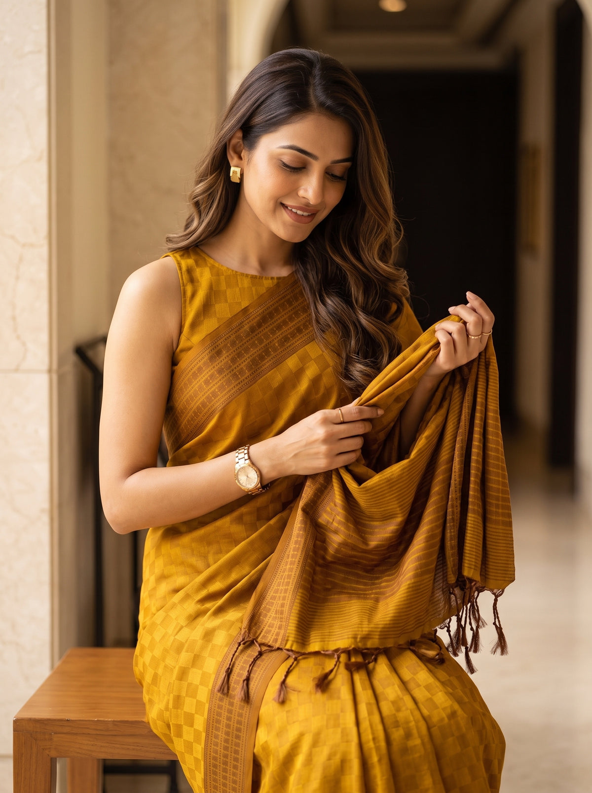 MIMOSA Mustard Bengaluru Saree — pose 10 styling detail