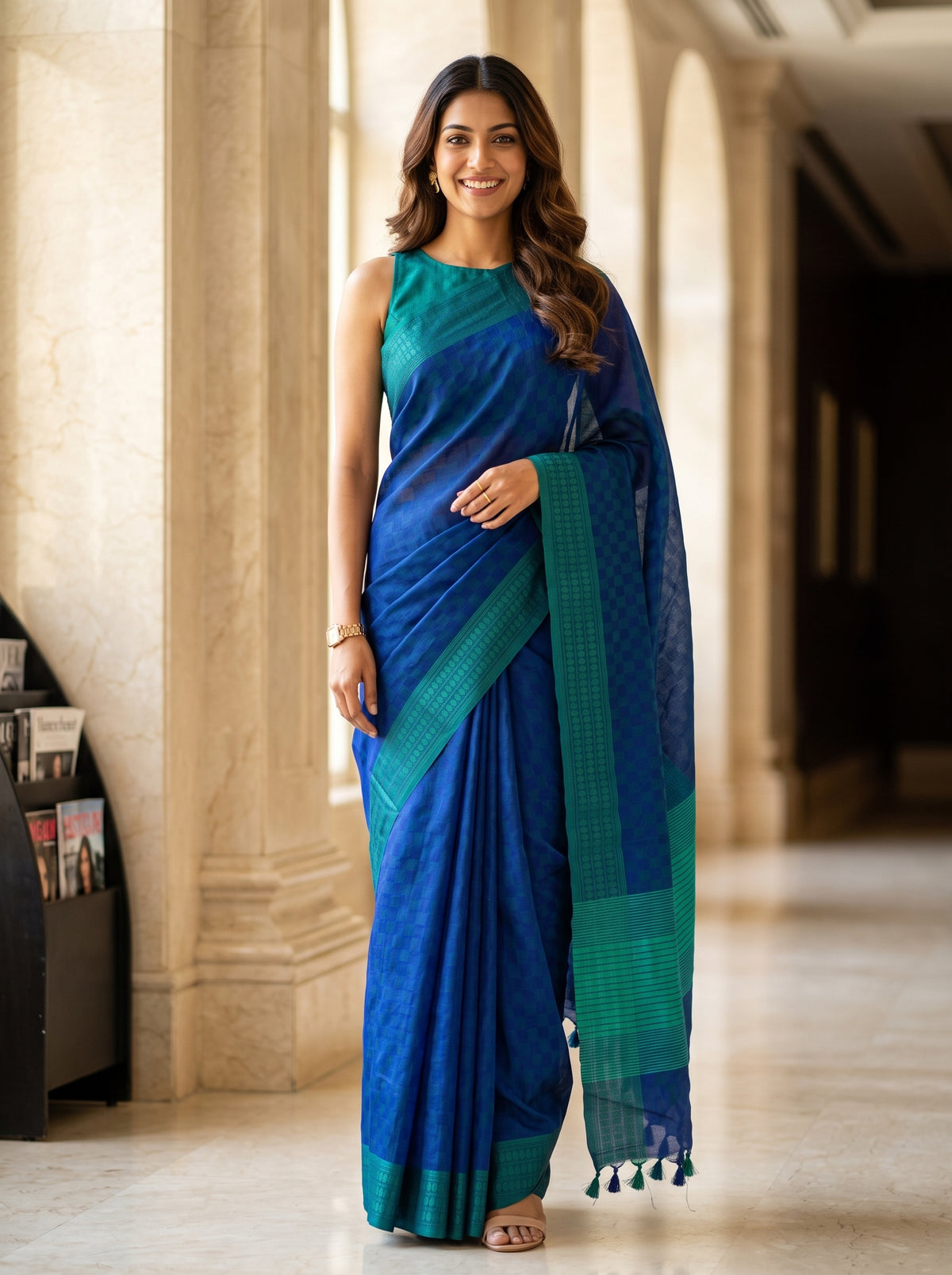MIMOSA Navy Bengaluru Saree — front view on mannequin