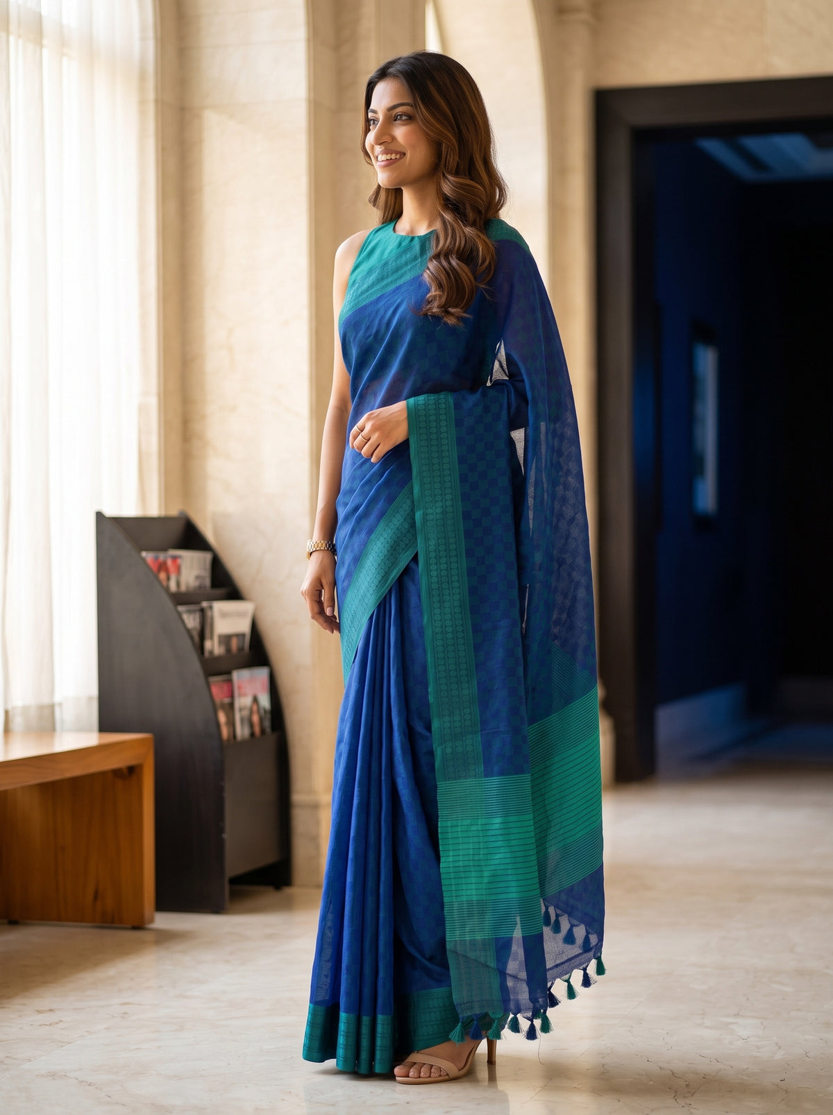MIMOSA Navy Bengaluru Saree — pose 3 styling detail