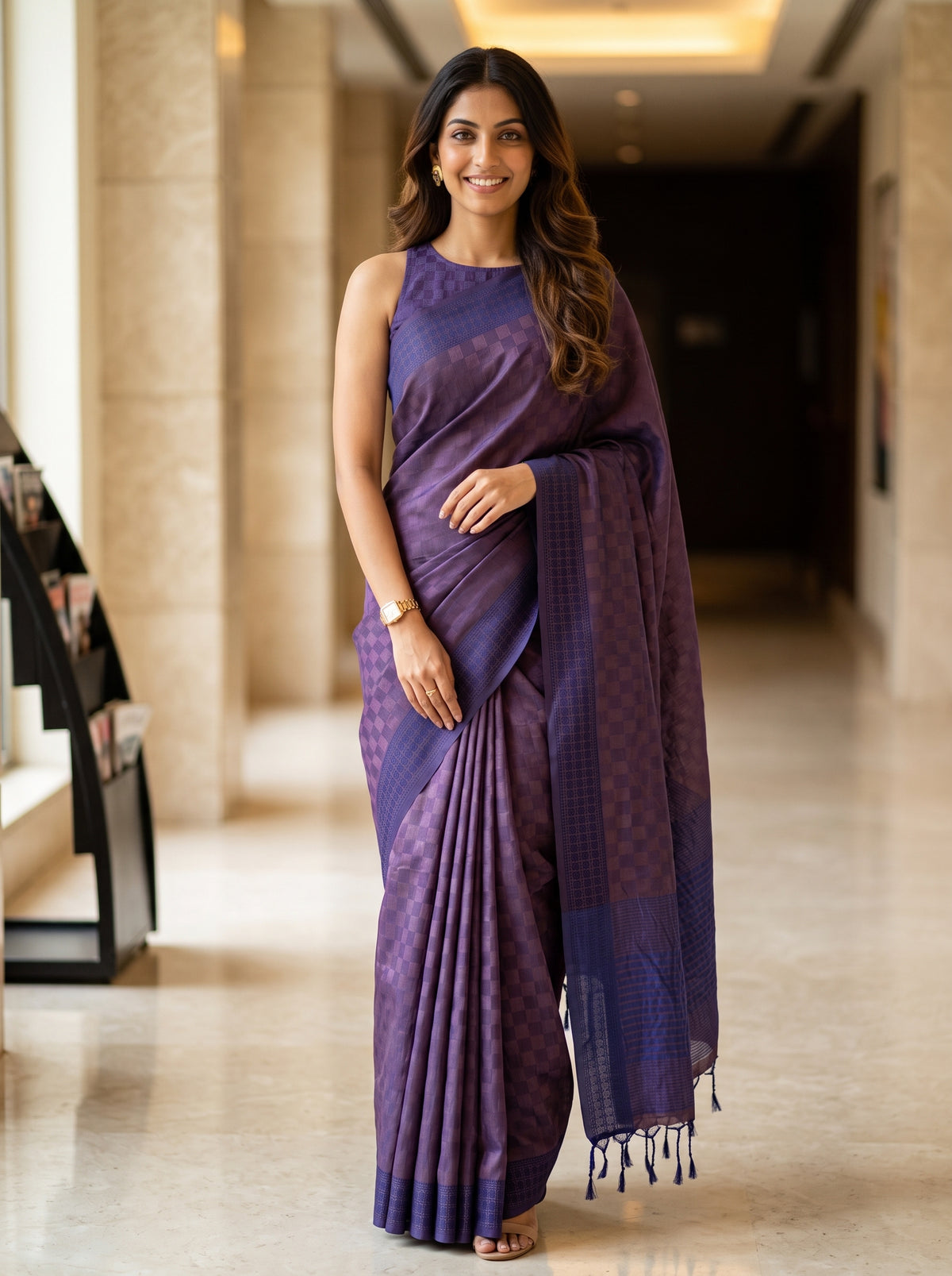 MIMOSA Purple Bengaluru Saree — front view on mannequin