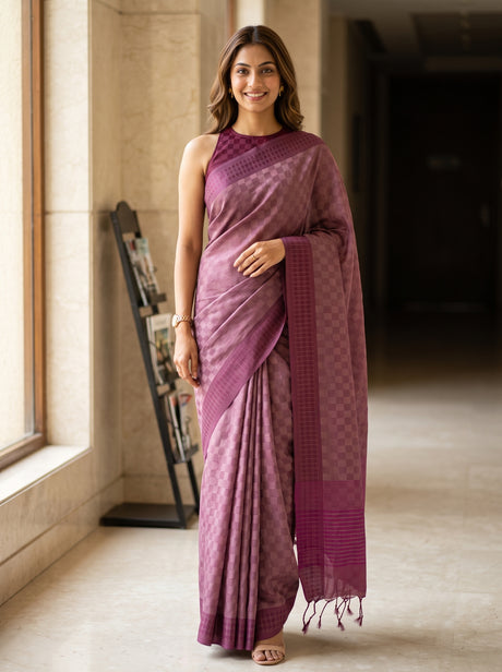 MIMOSA Wine Bengaluru Saree — front view on mannequin