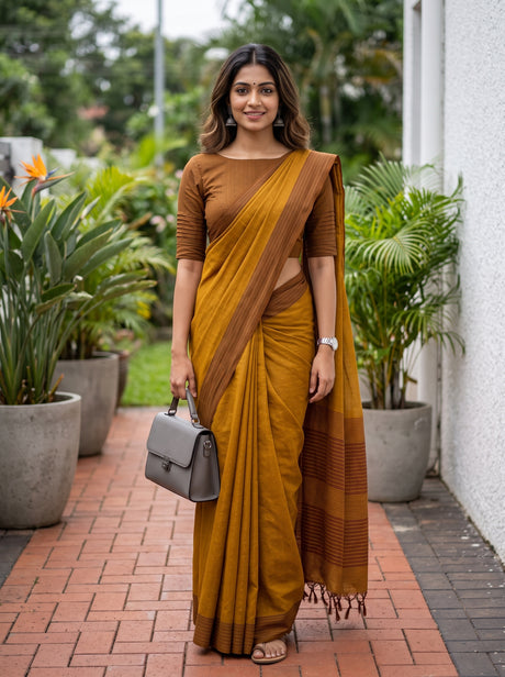 MIMOSA Mustard Bengaluru Art Silk Saree — AI Model lifestyle