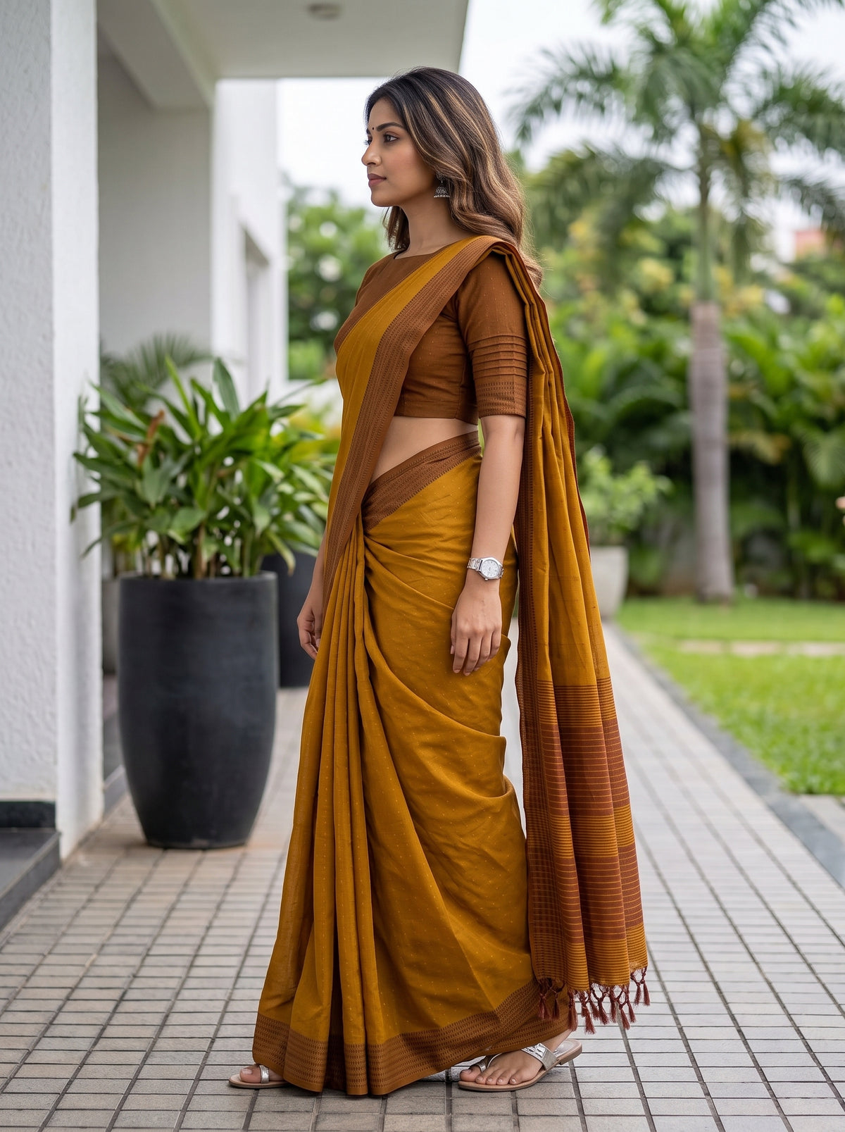 MIMOSA Mustard Bengaluru Art Silk Saree — pose 3 styling detail