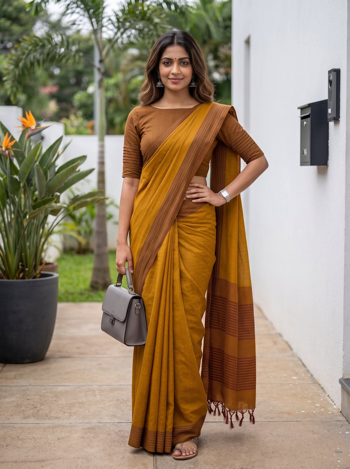 MIMOSA Mustard Bengaluru Art Silk Saree — pose 4 styling detail