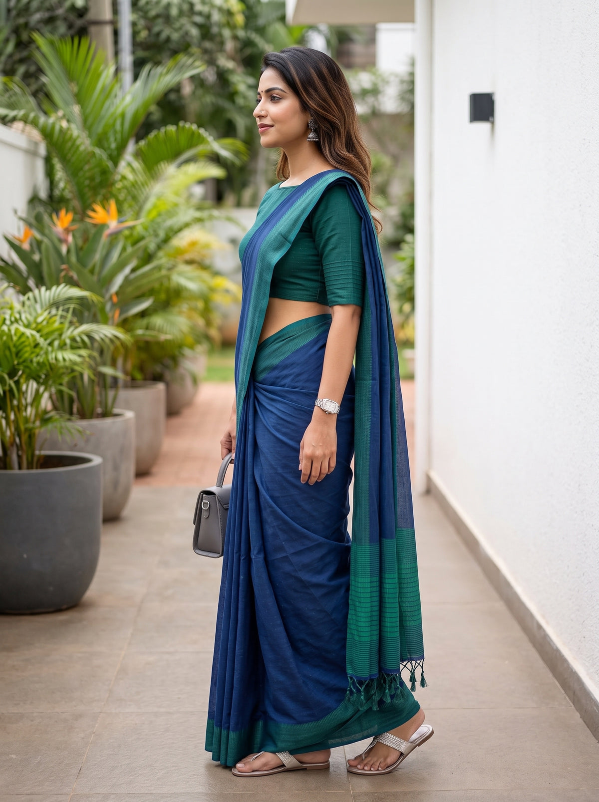 MIMOSA Navy Bengaluru Art Silk Saree — pose 3 styling detail