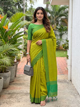 MIMOSA Parrot Green Bengaluru Art Silk Saree — AI Model lifestyle