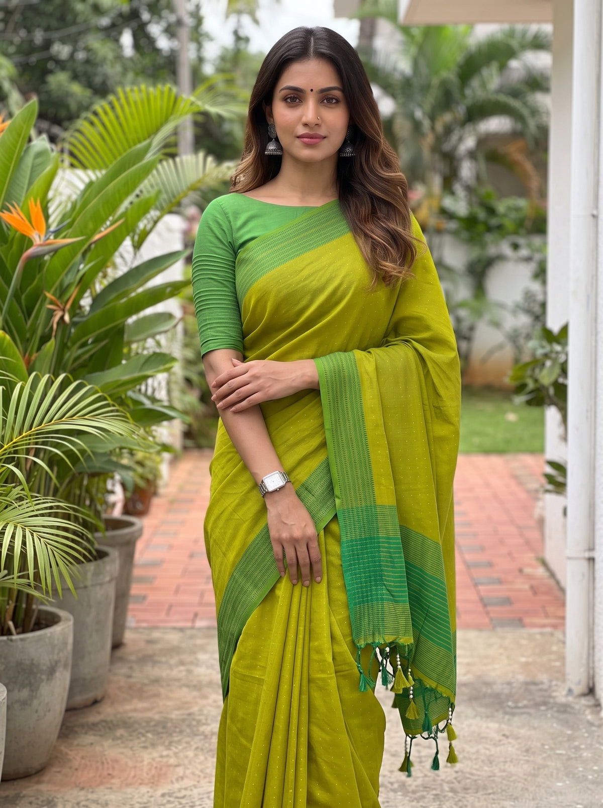 MIMOSA Parrot Green Bengaluru Art Silk Saree — pose 10 styling detail