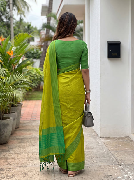 MIMOSA Parrot Green Bengaluru Art Silk Saree — saree shot pallu body