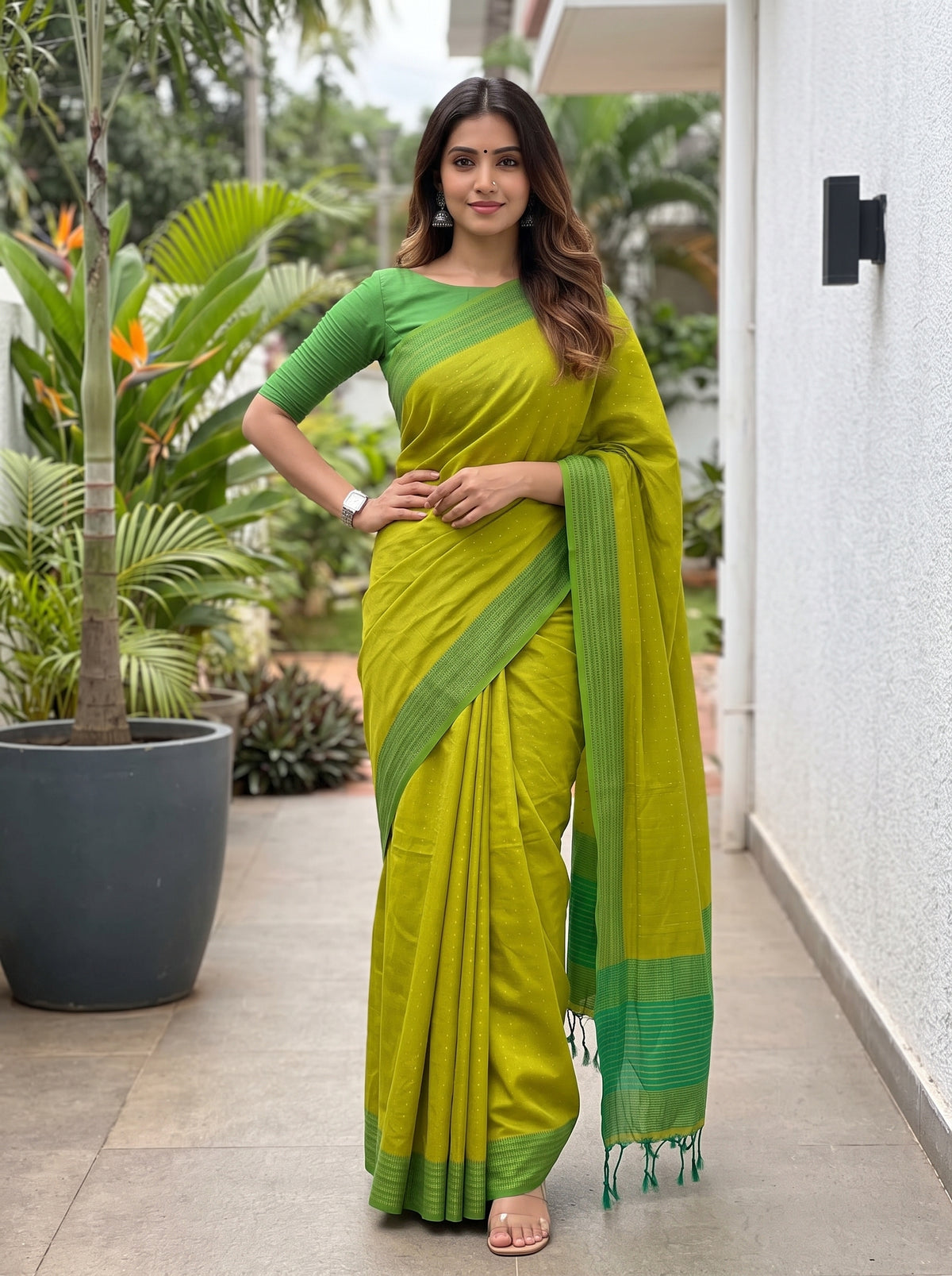 MIMOSA Parrot Green Bengaluru Art Silk Saree — pose 4 styling detail