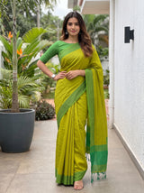 MIMOSA Parrot Green Bengaluru Art Silk Saree — pose 4 styling detail