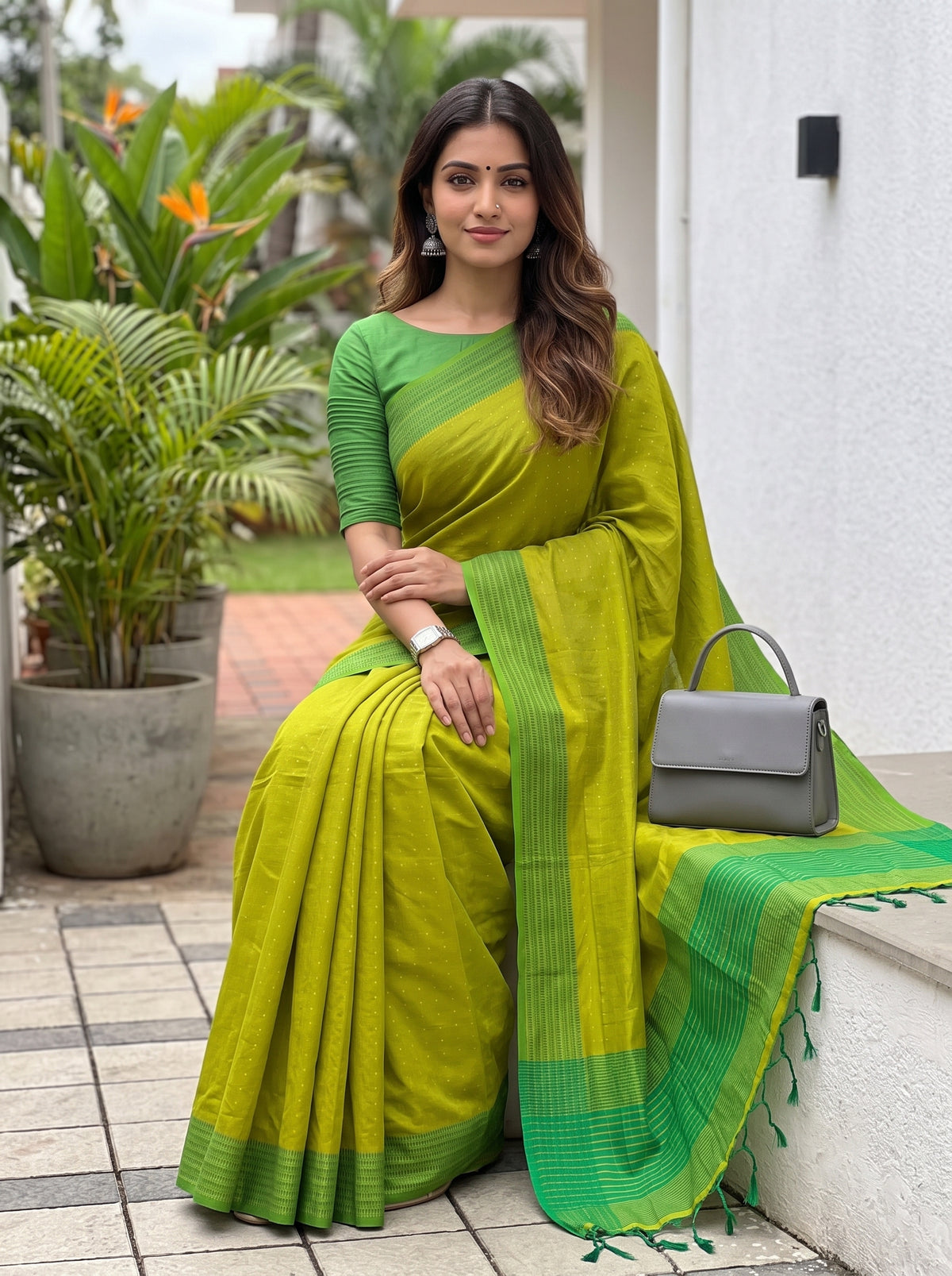 MIMOSA Parrot Green Bengaluru Art Silk Saree — pose 8 styling detail
