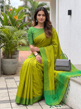 MIMOSA Parrot Green Bengaluru Art Silk Saree — pose 8 styling detail