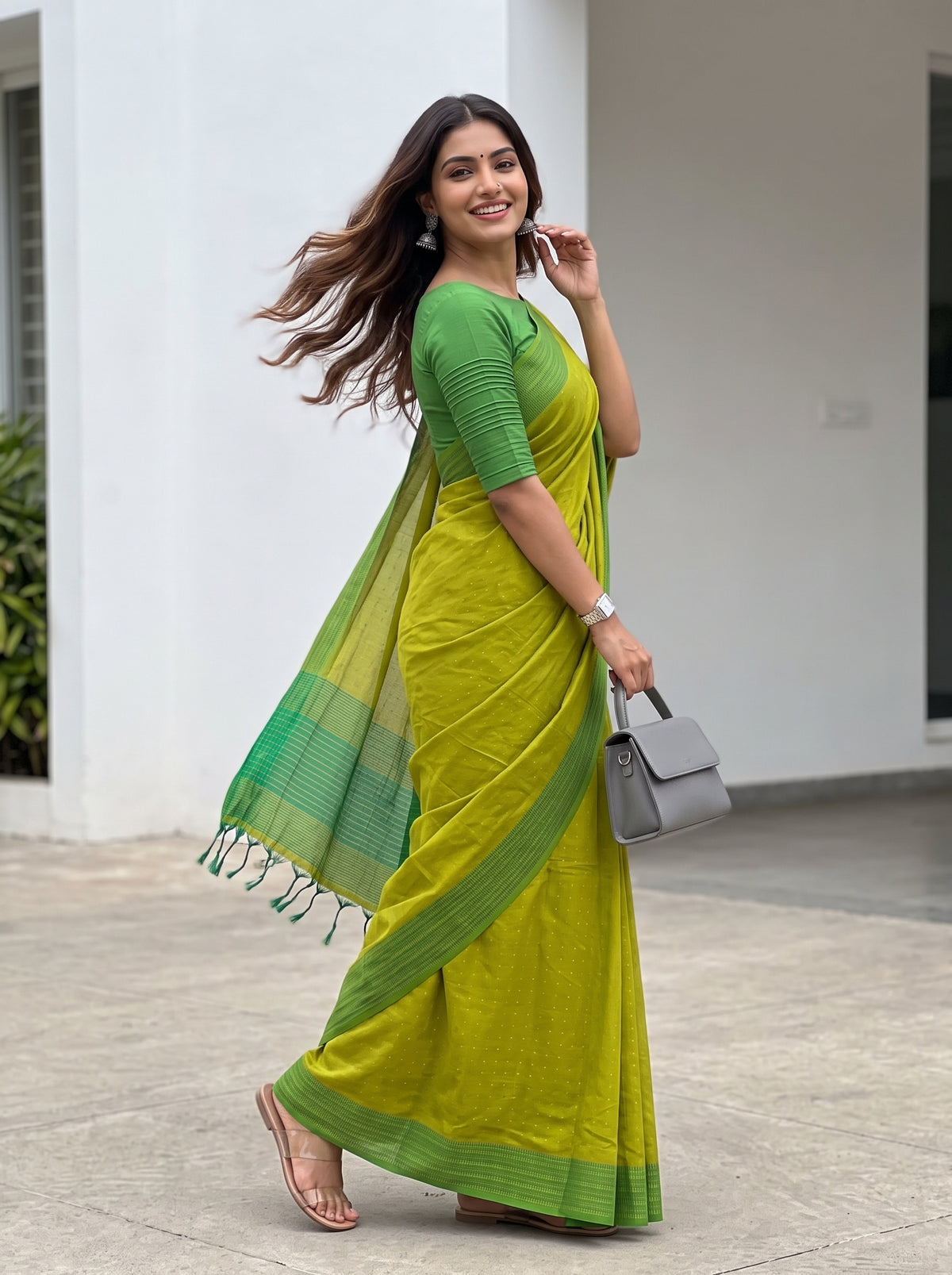 MIMOSA Parrot Green Bengaluru Art Silk Saree — pose 9 styling detail