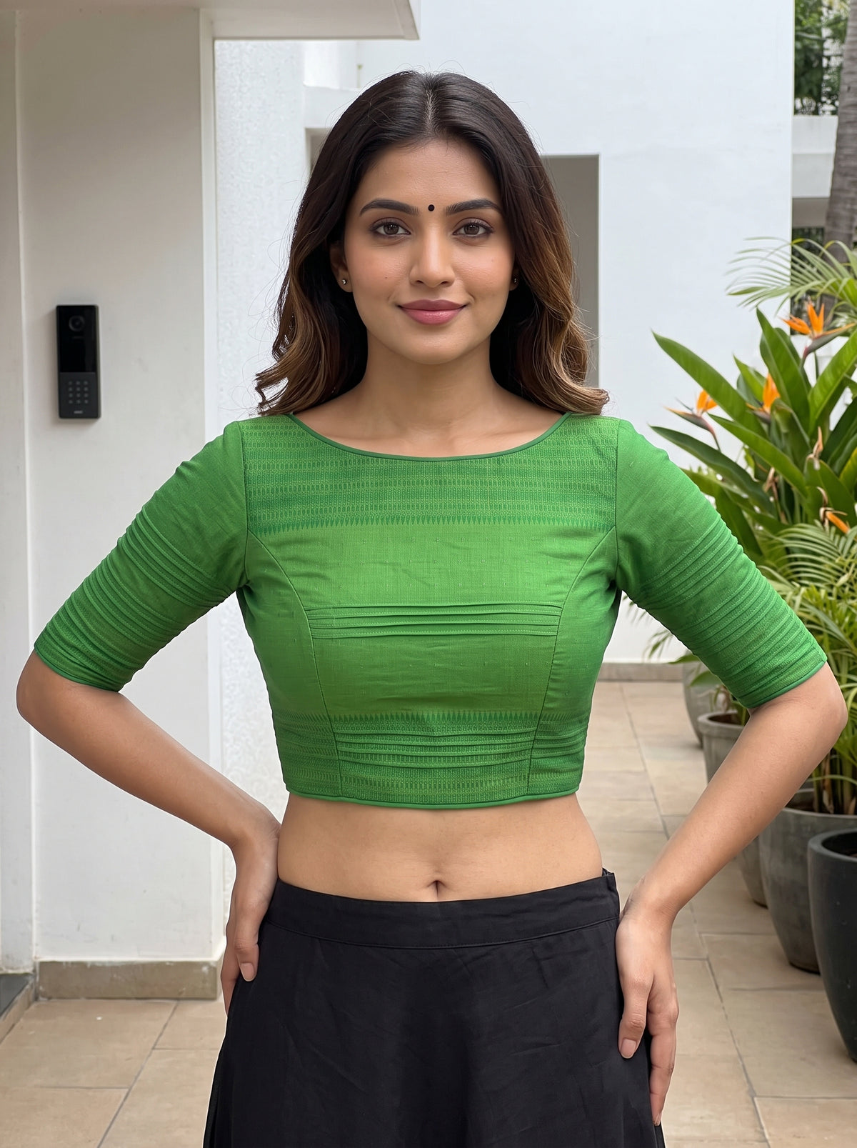 MIMOSA Parrot Green Bengaluru Art Silk Saree — blouse close-up