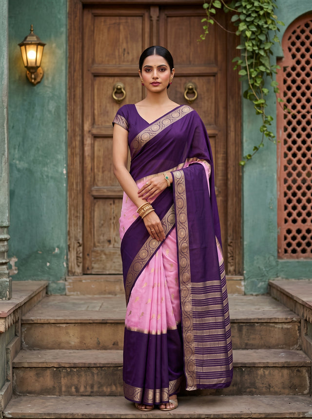 MIMOSA Lavender Mysore Silk Crepe Saree — AI Model lifestyle pose 1