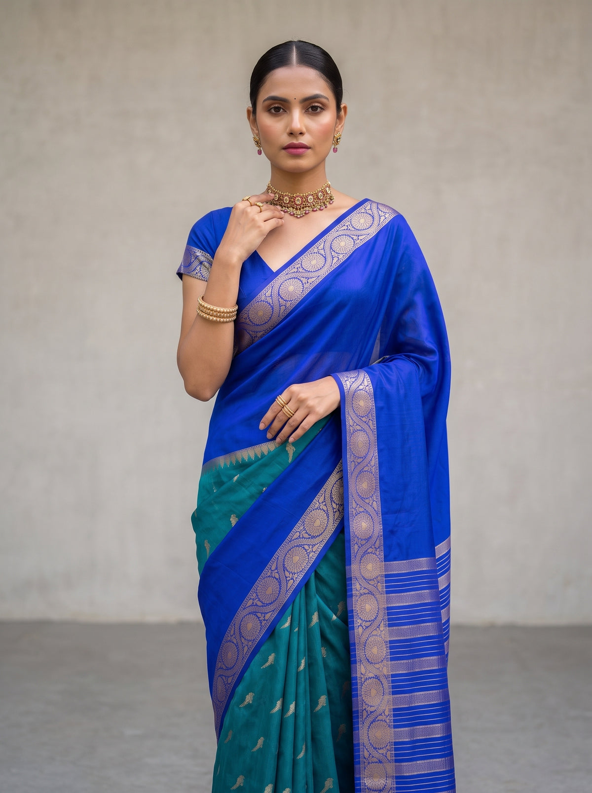 MIMOSA Sapphire Mysore Silk Crepe Saree — pose 10 styling detail