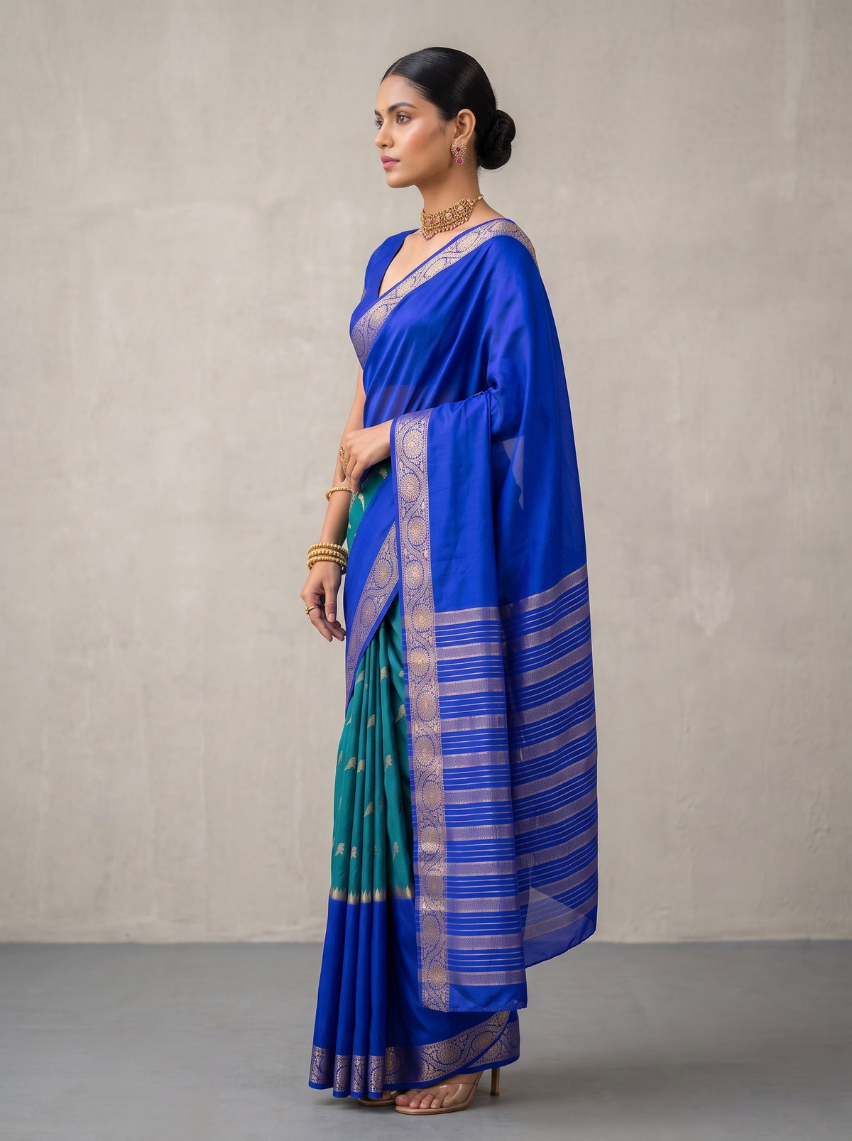 MIMOSA Sapphire Mysore Silk Crepe Saree — pose 3 styling detail