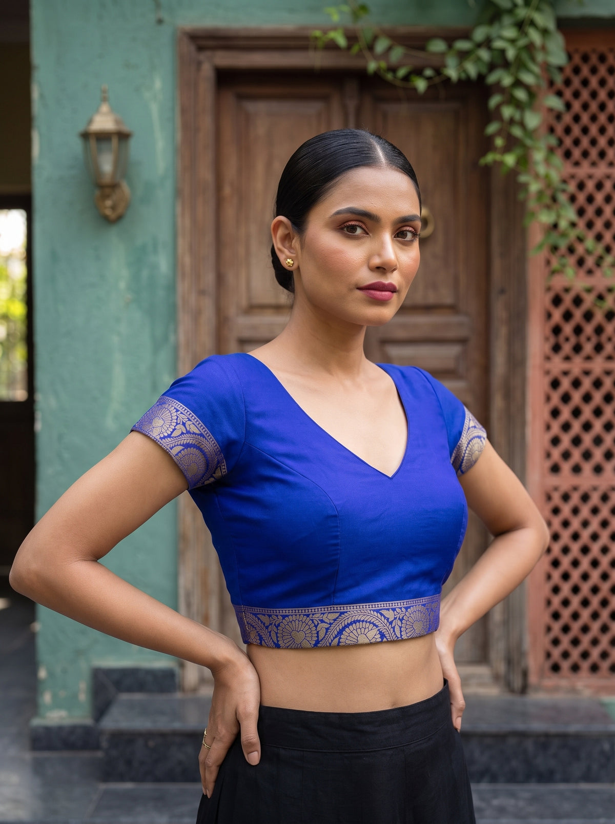 MIMOSA Sapphire Mysore Silk Crepe Saree — blouse close-up