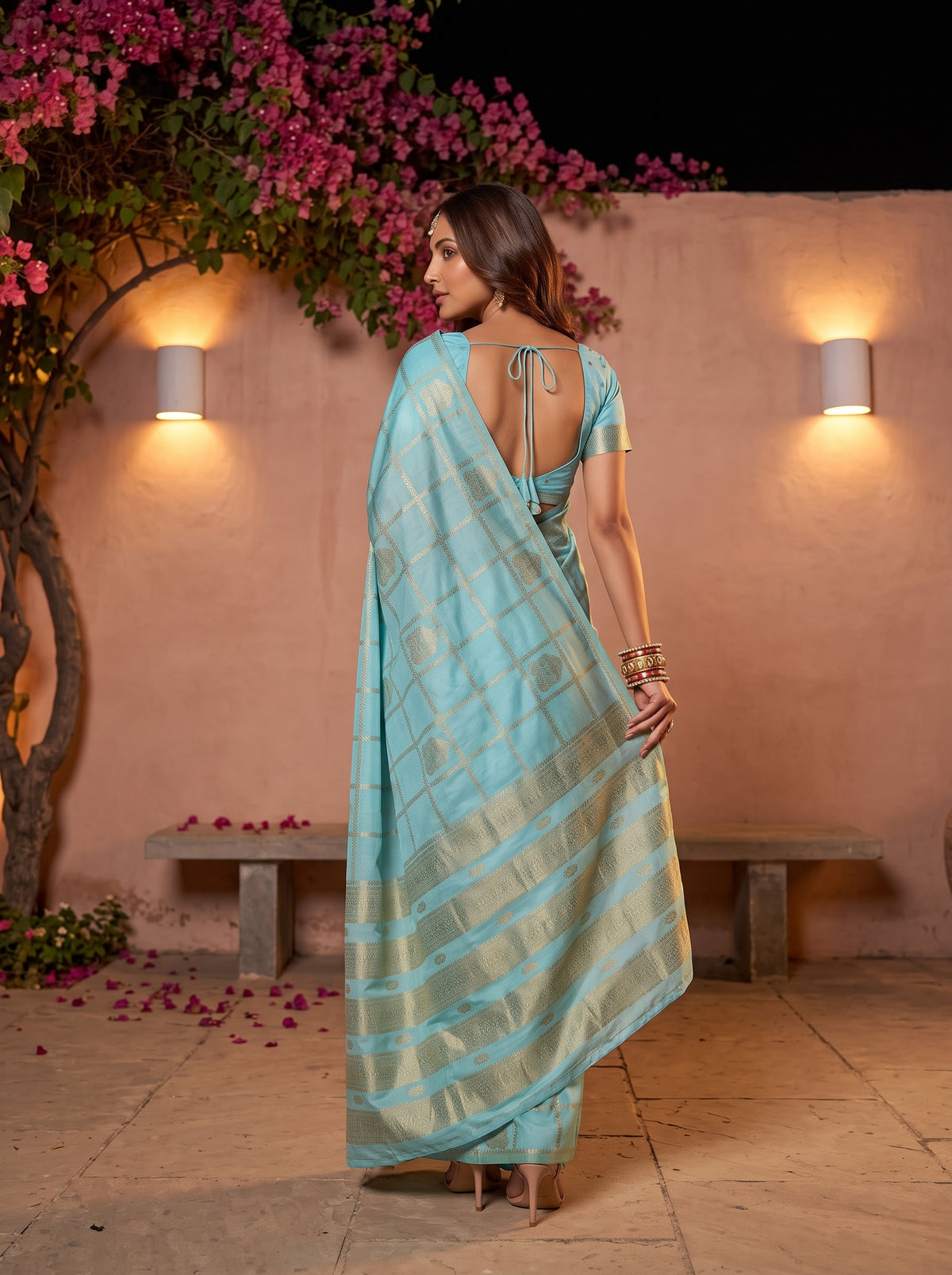 MIMOSA Ananda Mysore Silk Crepe Saree — pose 2 styling detail