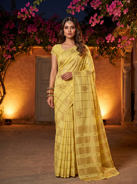MIMOSA Yellow Mysore Silk Crepe Saree — front view on mannequin