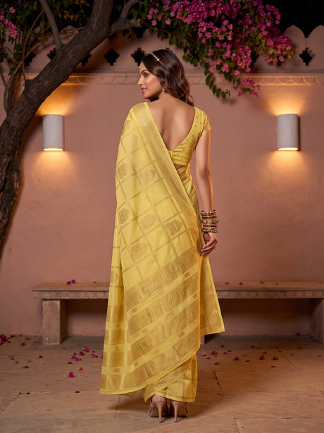 MIMOSA Yellow Mysore Silk Crepe Saree — pose 2 styling detail