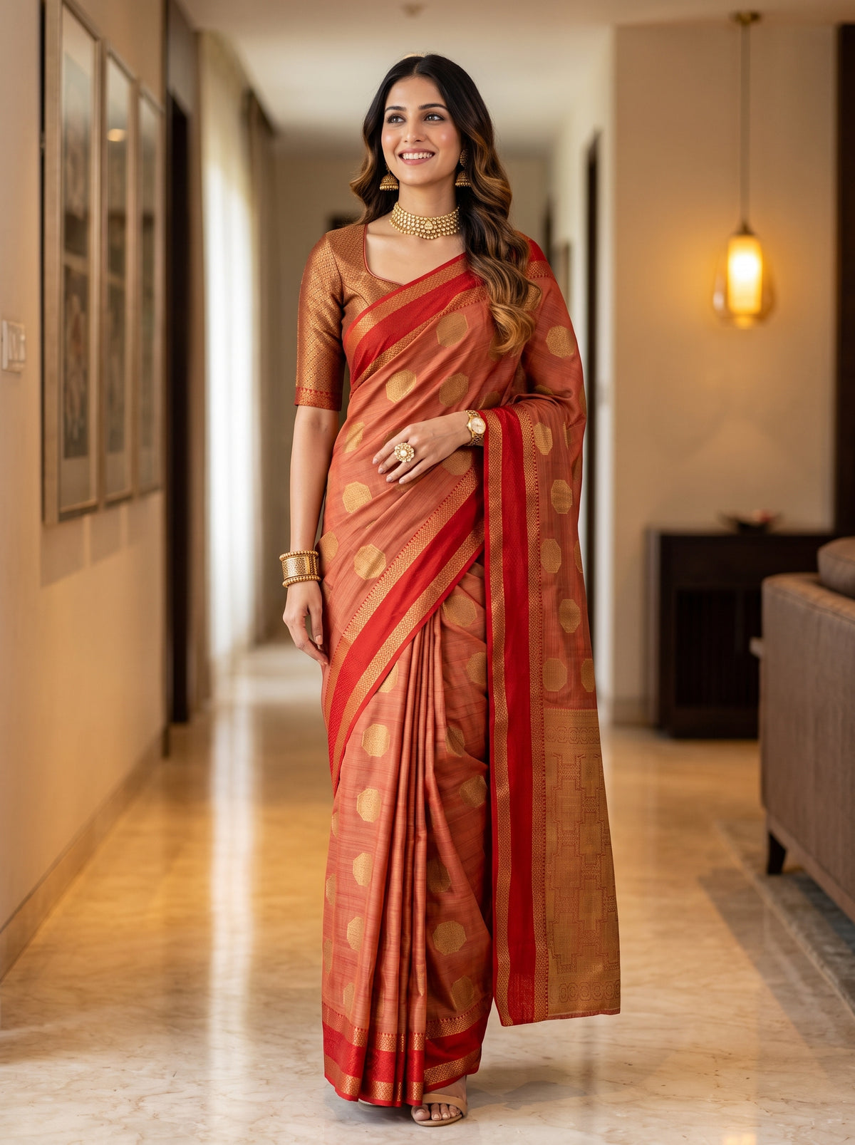 MIMOSA Orange Banarasi Saree — front view on mannequin