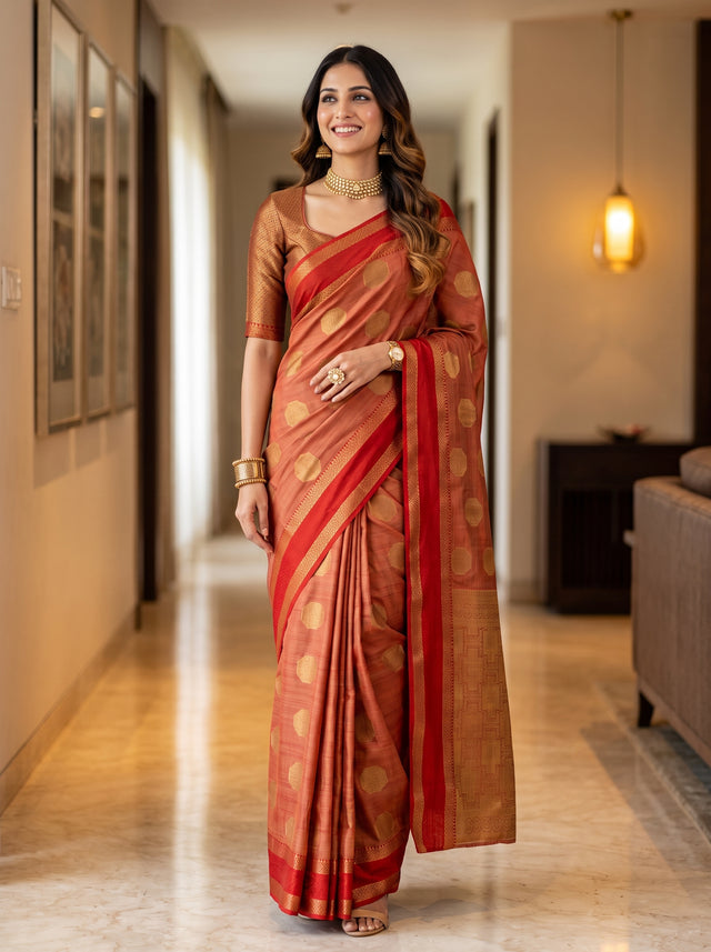 MIMOSA Orange Banarasi Saree — front view on mannequin