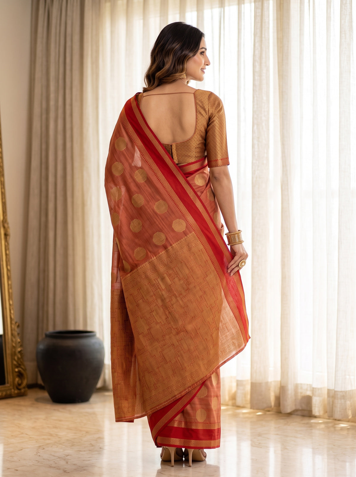 MIMOSA Orange Banarasi Saree — pose 2 styling detail
