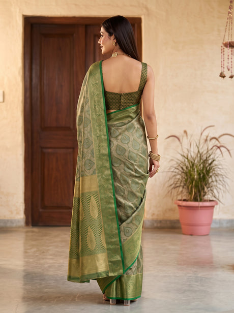 MIMOSA Green Kanjivaram Art Silk Saree — Saree shot with pallu and body details