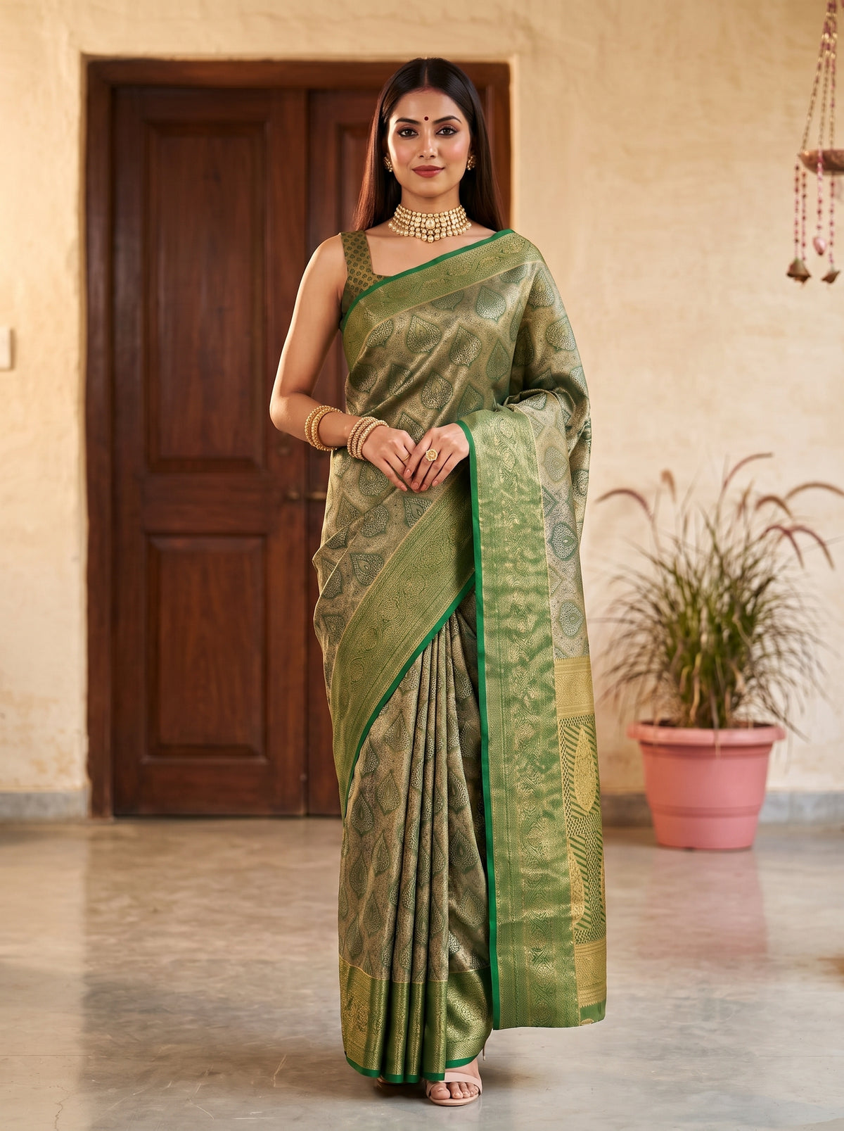 MIMOSA Green Kanjivaram Saree — pose 3 styling detail