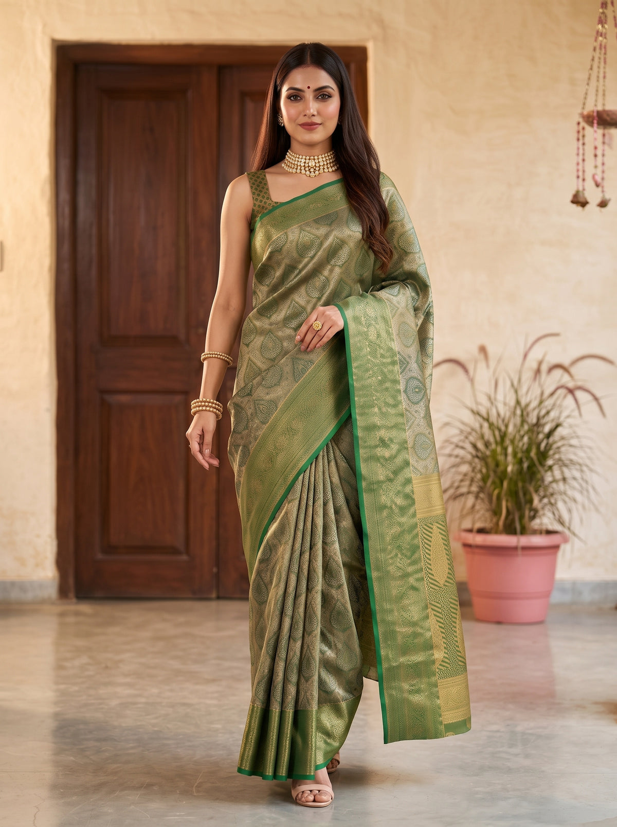 MIMOSA Green Kanjivaram Saree — pose 6 styling detail