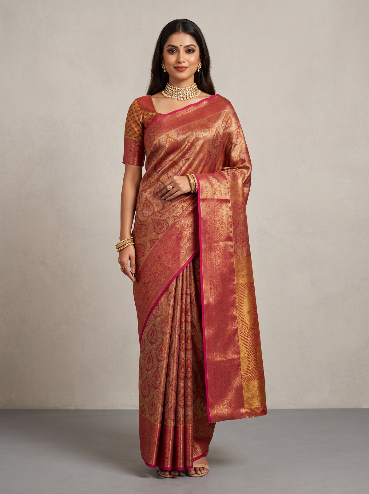 MIMOSA Maroon Kanjivaram Art Silk Saree — Model lifestyle pose